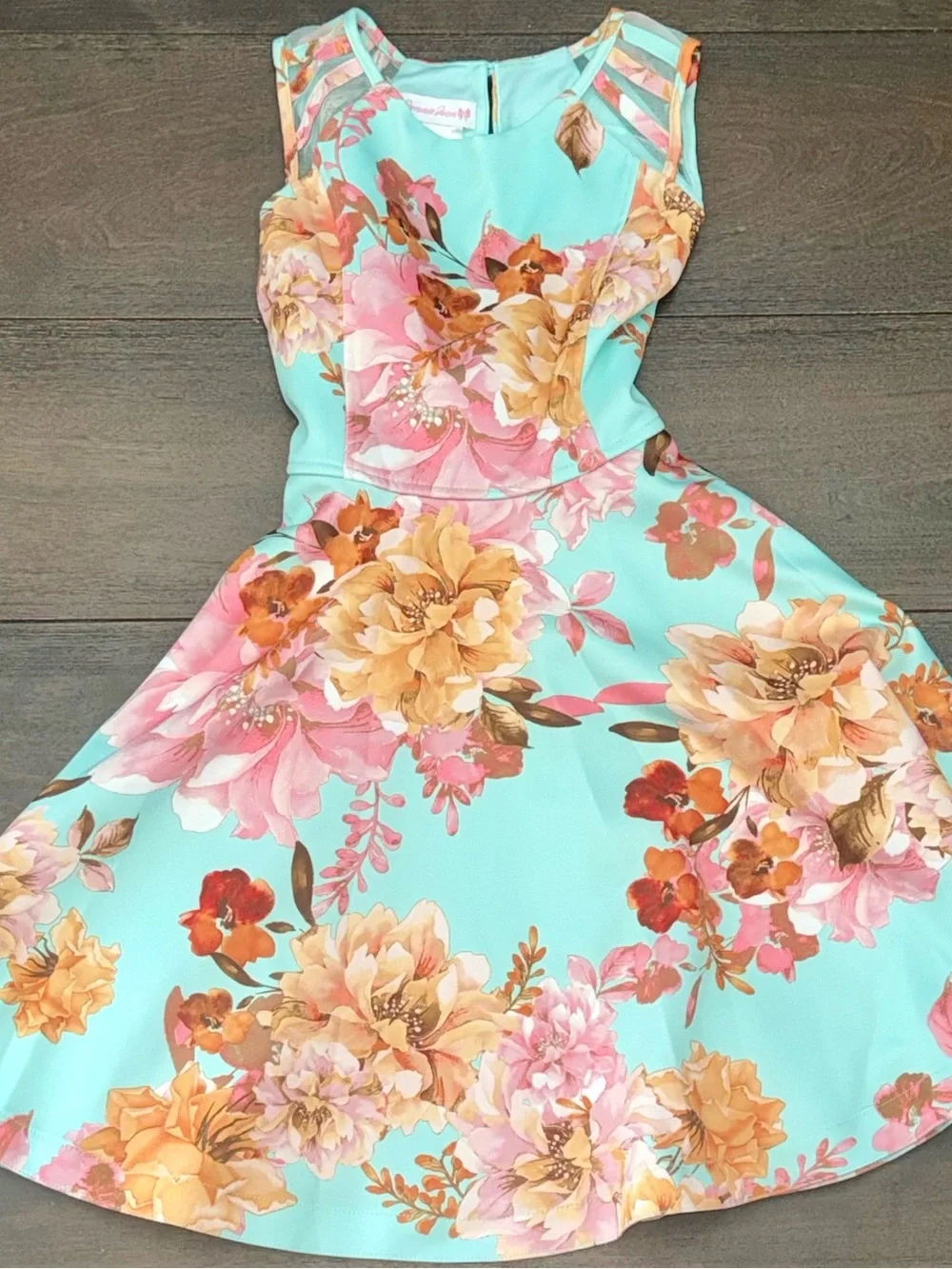 Bonnie Jean Aqua Floral Fit-and-Flare Dress with Pink & Peach Blooms Sz 12 NWOT